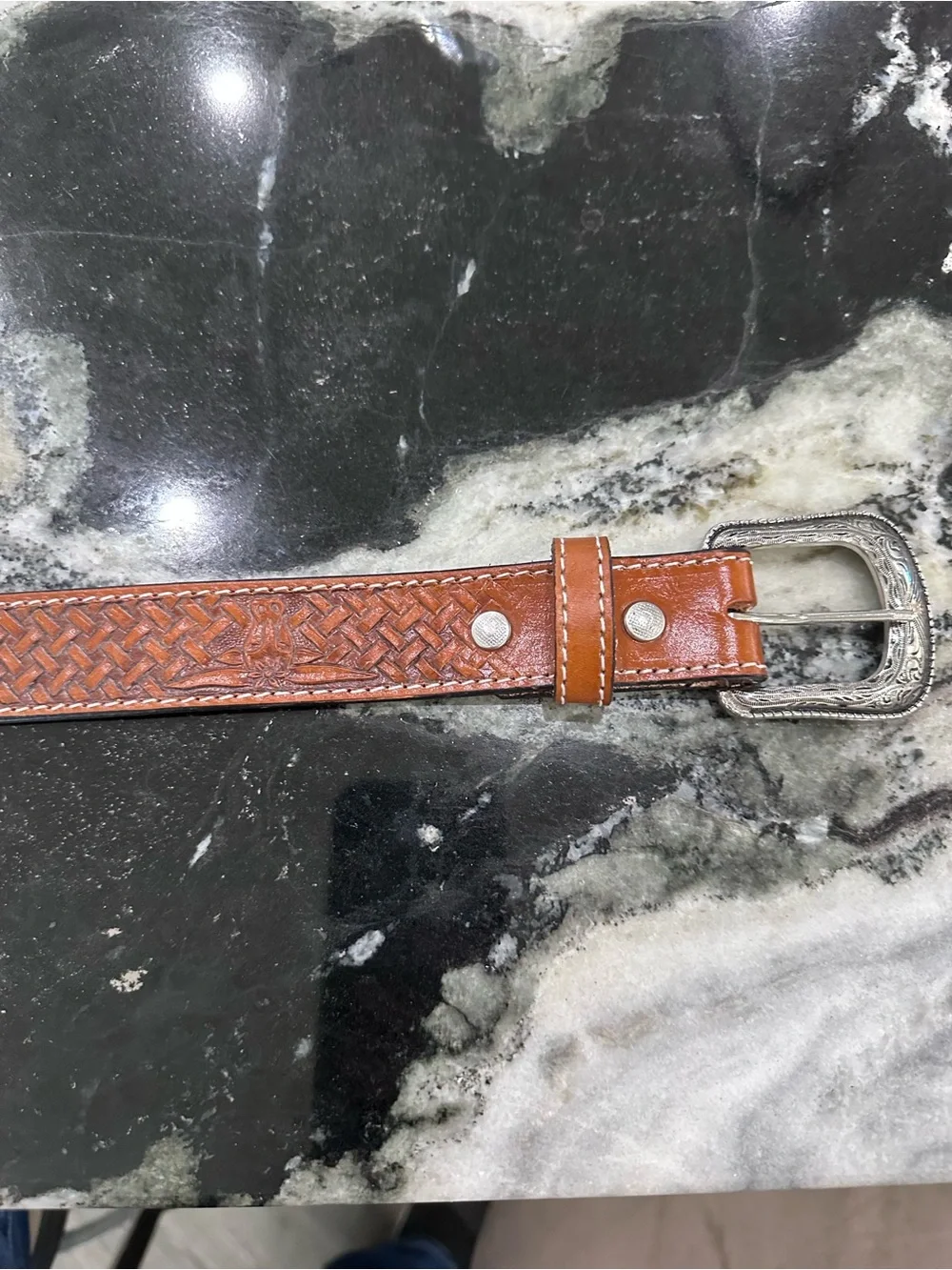 Tooled Brown Belt with Engraved Silver Buckle